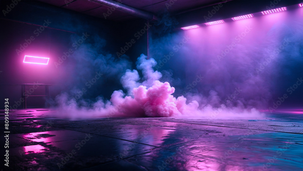 Dark background of the street, thick fog, spotlight, blue and red neon. Abstract background with neon lights, night view. Podium with blue, pink and purple smoke.