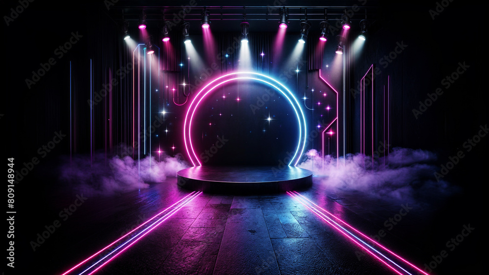 Dark background of the street, thick fog, spotlight, blue and red neon. Abstract background with neon lights, night view. Podium with blue, pink and purple smoke.