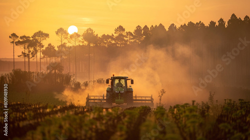 Modern tractor actively spraying crops on a vast farm with a dramatic sunset in the background 