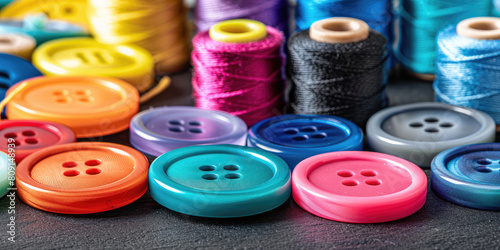 Colorful buttons and spools of thread assorted, variety of sewing accessories. Closeup background.