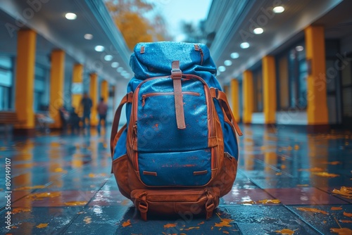 Blue backpack on a rainy school corridor photo