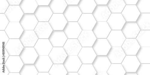 Abstract pattern with hexagonal white and gray technology line paper background. Hexagonal 3d vector grid tile and mosaic structure mess cell. white and gray hexagon honeycomb geometric copy space.