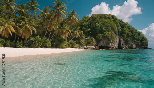 Palm trees line a tropical beach with crystal clear water under a blue sky.