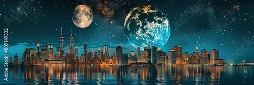 New York City Night A Full Moons Tranquil Solitude Amidst the Metropolis photo