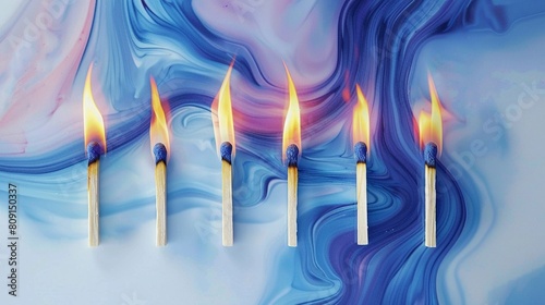 Stand out with fire Six matchsticks with vivid flames on a soft pastel background, symbolizing uniqueness