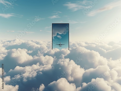 Surreal image featuring a calm blue sky and fluffy white clouds with a floating black frame showcasing a tranquil scene of an airplane in midflight photo