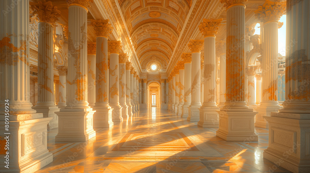 An immersive photograph showcasing the intricate marble carvings and ornate pediments of a classical Roman building, with sunlight casting dramatic shadows across the architectural