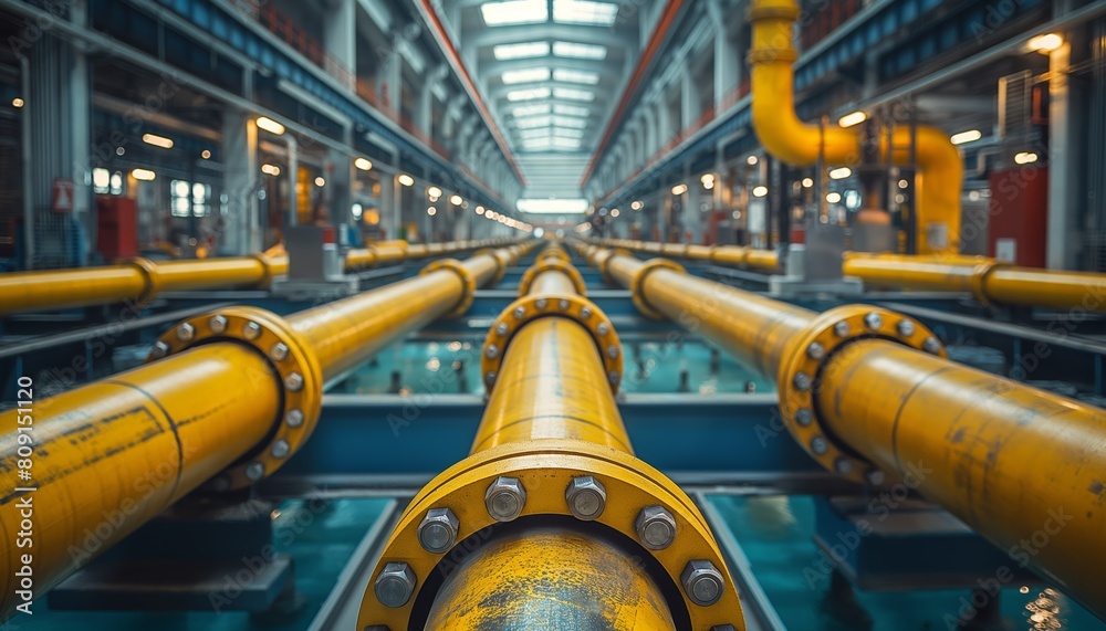 Industrial pipelines in a modern factory setting