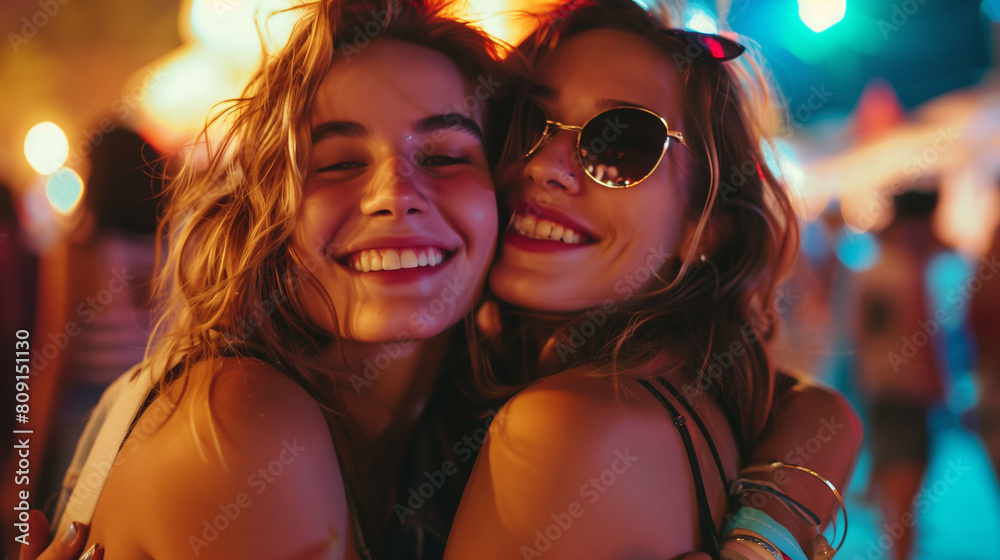 Cheerful friends lesbian girls at the music festival Cheerful friends lesbian girls at the music festival