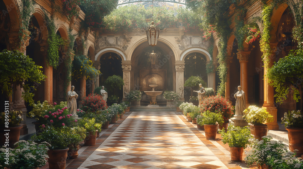 An atmospheric shot of a classical Renaissance courtyard, with a tranquil garden, marble statues, and arched walkways adorned with intricate carvings, creating a visually serene an