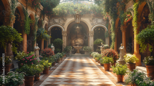 An atmospheric shot of a classical Renaissance courtyard, with a tranquil garden, marble statues, and arched walkways adorned with intricate carvings, creating a visually serene an