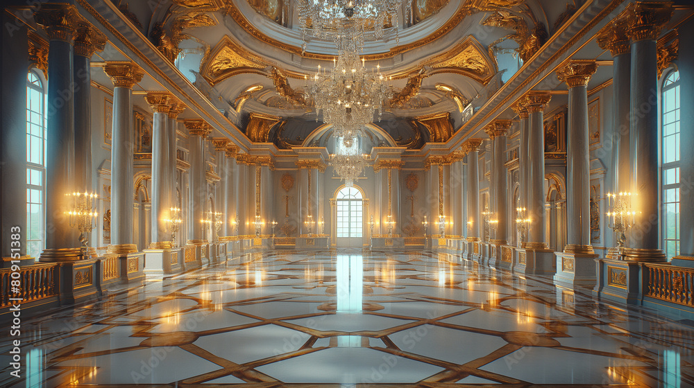 Obraz premium A visually stunning composition capturing the grandeur of a classical Baroque palace interior, with opulent ballrooms, ornate ceilings, and dazzling chandeliers, creating a visuall
