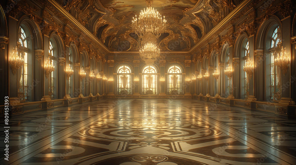 A visually stunning composition capturing the grandeur of a classical Baroque palace interior, with opulent ballrooms, ornate ceilings, and dazzling chandeliers, creating a visuall A visually stunning composition capturing the grandeur of a classical Baroque palace interior, with opulent ballrooms, ornate ceilings, and dazzling chandeliers, creating a visuall