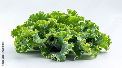 A close-up image of a bunch of green kale leaves on a white background photo