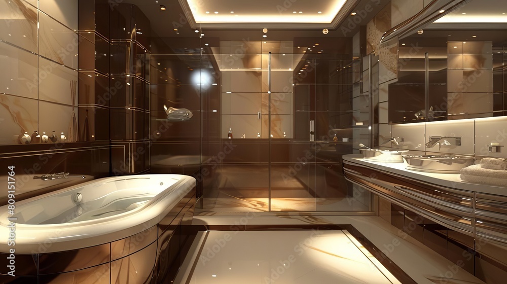 Obraz premium Design an elegant bathroom with dark wood and marble tiles