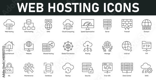 Web Hosting Icons vector illustration with thin line editable stroke containing data, DNS, cloud computing, speed optimization, server, firewall, domain, local network, website, global connection, FTP