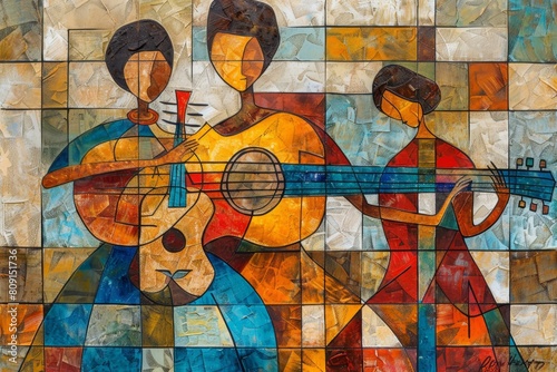 A painting of a man passionately playing a guitar, A abstract depiction of a family playing music together in harmony