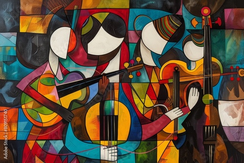 A man in a painting playing a guitar, A abstract depiction of a family playing music together in harmony