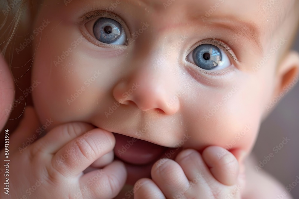 A close view of a baby with captivating blue eyes holding onto their parents finger, A baby holding onto their parent's finger with a look of pure trust and contentment A close view of a baby with captivating blue eyes holding onto their parents finger, A baby holding onto their parent's finger with a look of pure trust and contentment