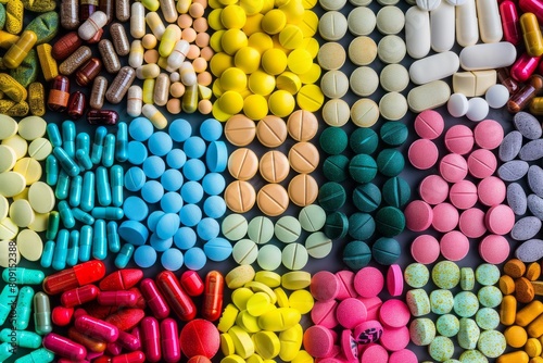 A variety of colorful neatly positioned pills and capsules on table