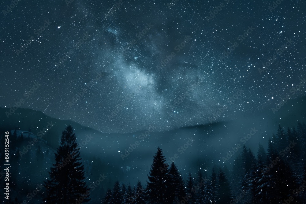 A dark night sky twinkles with stars above a dense forest of trees, A backdrop as dark as the night sky A dark night sky twinkles with stars above a dense forest of trees, A backdrop as dark as the night sky