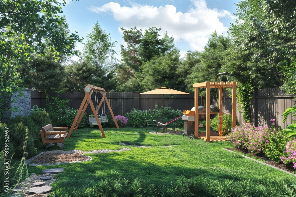 A backyard featuring a swing set and garden in the outdoor space, A backyard garden with a swing set and a barbecue grill waiting to be fired up A backyard featuring a swing set and garden in the outdoor space, A backyard garden with a swing set and a barbecue grill waiting to be fired up