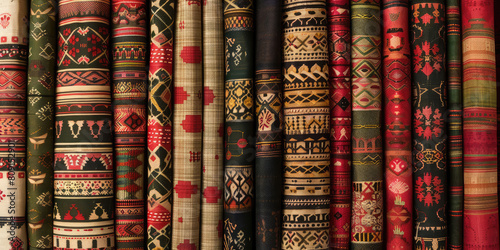 Traditional fabrics with colorful patterns and textures assorted, variety of textiles. Closeup background.   