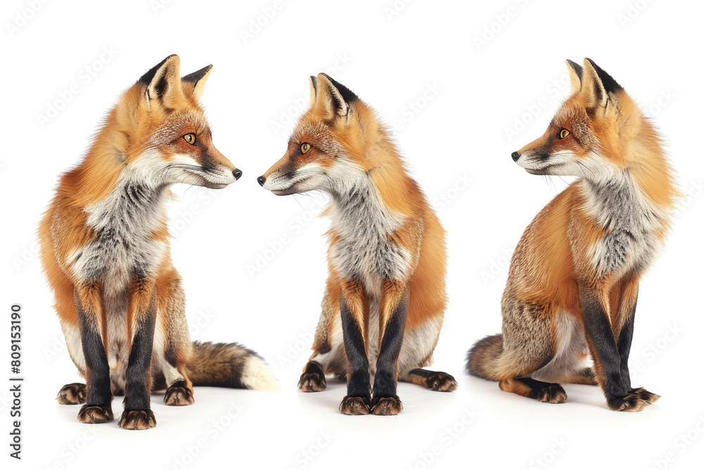 Three foxes with fur sleek and eyes keen