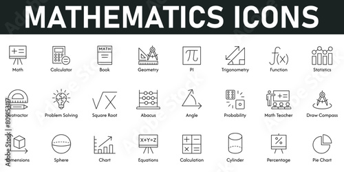 Mathematics Icons vector illustration with thin line editable stroke containing calculator, geometry, statistics, function, angle, chart, dimensions, percentage, book, probability, square root, abacus