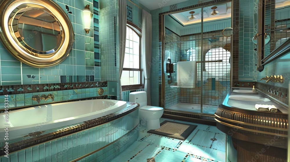 Design an art deco bathroom with teal and gold accents. The room should ...