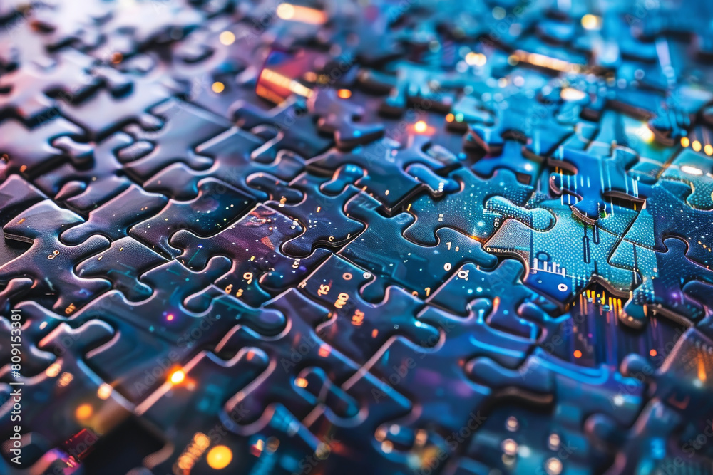 A close up of a puzzle with a few pieces missing