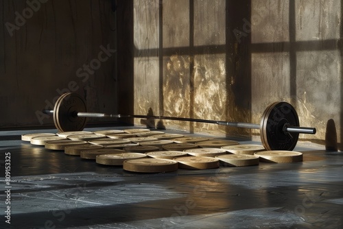 A barbell loaded with heavy plates rests on the gym floor, ready for weightlifting exercises, A barbell loaded with heavy plates on the floor