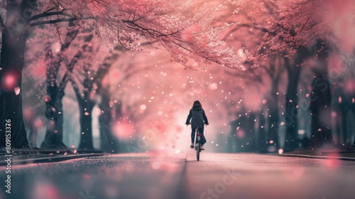 The picture of the cyclist is riding on the road that has been surrounded with cherry blossom or sakura from the both side of the roadway with warm light from the sun in the spring of the year. AIG43.