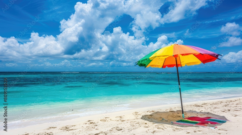 a colorful beach umbrella casting its shade on pristine white sand, against the backdrop of azure skies and crystal-clear turquoise waters, embodying the quintessential essence 