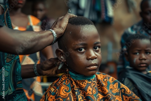 A young boy sitting in a barber chair getting his hair cut by a barber in a local shop, A barber giving a young boy his first haircut, surrounded by supportive family members