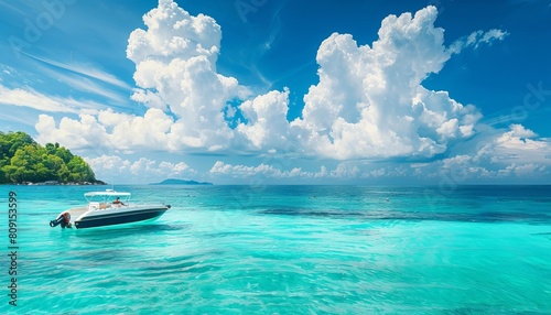 A speedboat floats on glassy, turquoise waters under a blue sky, capturing the essence of tropical adventure and leisure photo