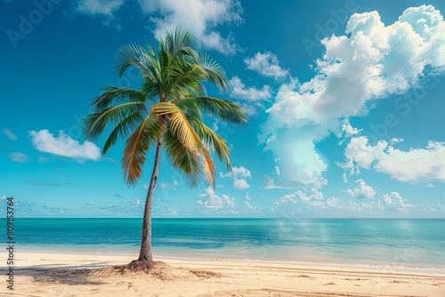 A single palm tree stands on a serene tropical beach  offering a visual escape to a peaceful exotic paradise