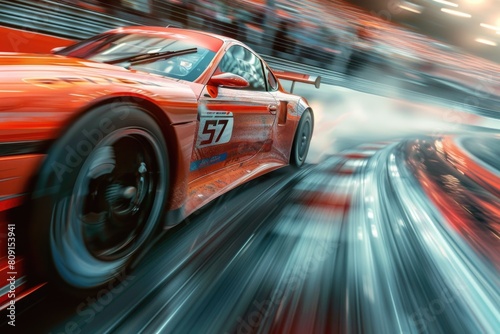 A red sports car races down the track at high speed, leaving a blur behind it