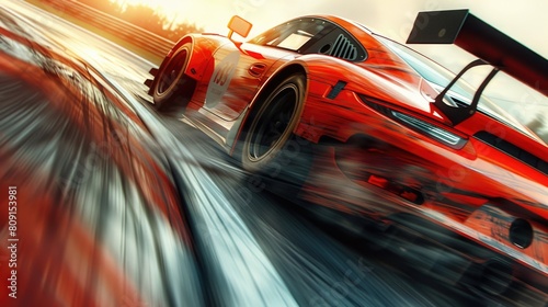 A red race car zooming along a track at intense speed
