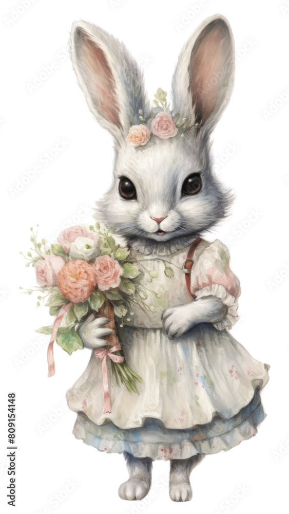 Obraz premium PNG Rabbit character holding flower basket drawing sketch animal