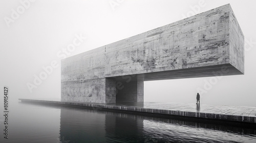 Surreal Architectural Artwork Monoblock Man in Black Clothing stands on a floating Extremely high and oversized superbrutalistic  white Platform above the Sea Wallpaper Digital Art Poster © Korea Saii