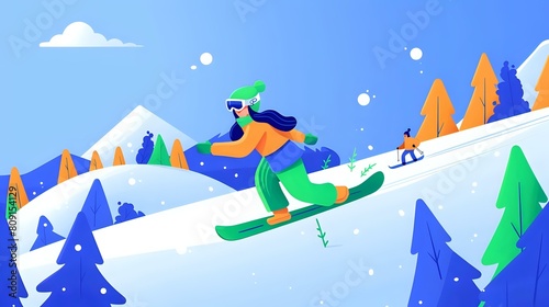 Exciting Mountain Adventure: Woman Snowboarding Joyfully