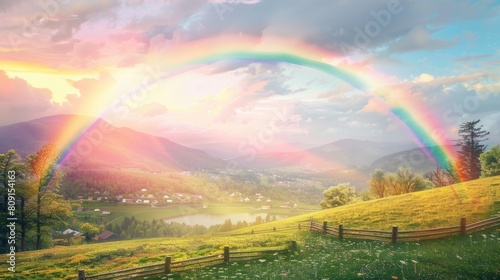 a vibrant rainbow arching over a picturesque farm landscape  where a tranquil lake reflects the colorful sky of a summer sunset  amidst lush trees and the glow of a sunny day.