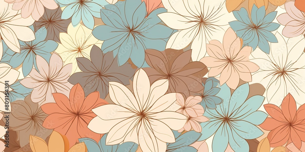 Pastel flowers in geometric pattern, in the style of light brown and light beige. Draw paint ink art decoration background