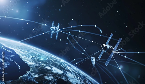 High-tech imagery showcasing satellites in orbit around a digitized representation of Earth with blue-toned connectivity lines