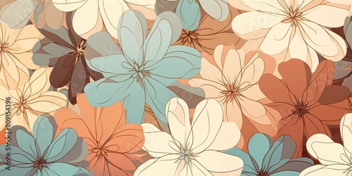 Pastel flowers in geometric pattern, in the style of light brown and light beige. Draw paint ink art decoration background
