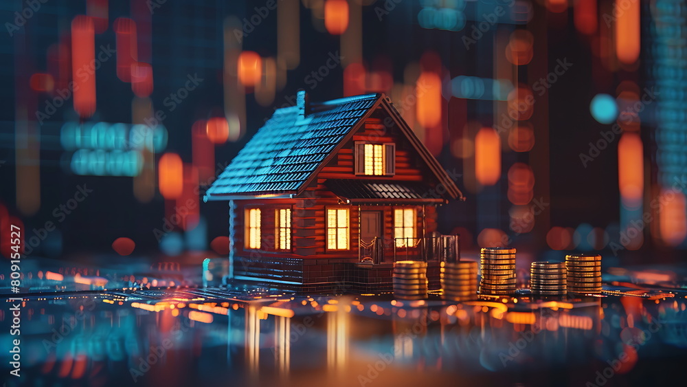 model house and coins with raising stock chart on background. Savings and Accounts, Finance Banking Business Concept Ideas, Investments, Funds, Bonds, Dividends and Interest. model house and coins with raising stock chart on background. Savings and Accounts, Finance Banking Business Concept Ideas, Investments, Funds, Bonds, Dividends and Interest.