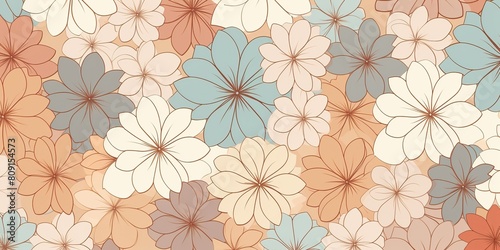 Pastel flowers in geometric pattern  in the style of light brown and light beige. Draw paint ink art decoration background