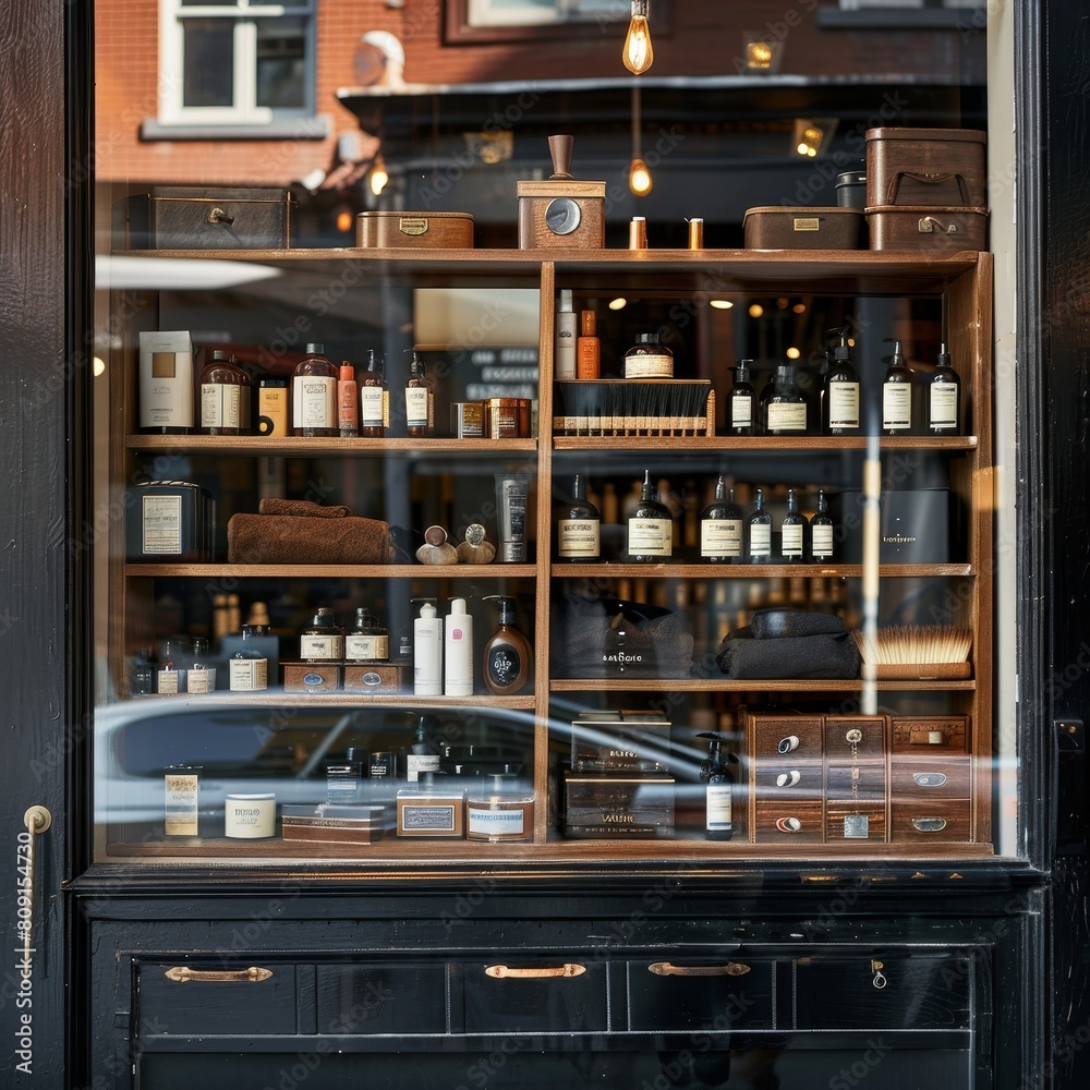 A store window showcasing a variety of liquor bottles neatly arranged behind the glass, A barber shop window display featuring grooming products and barber tools A store window showcasing a variety of liquor bottles neatly arranged behind the glass, A barber shop window display featuring grooming products and barber tools