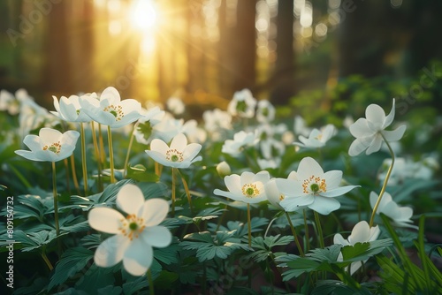 A sunlit field of white flowers captured during the enchanting golden hour, emanating purity and peacefulness
